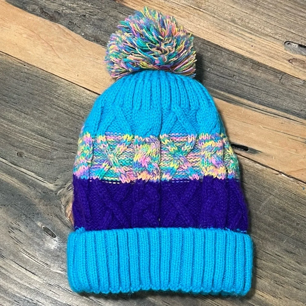 Britt's Knits Beanie‎ Hat Winter Knit Colorful Pom Pom Cable Knit 4T